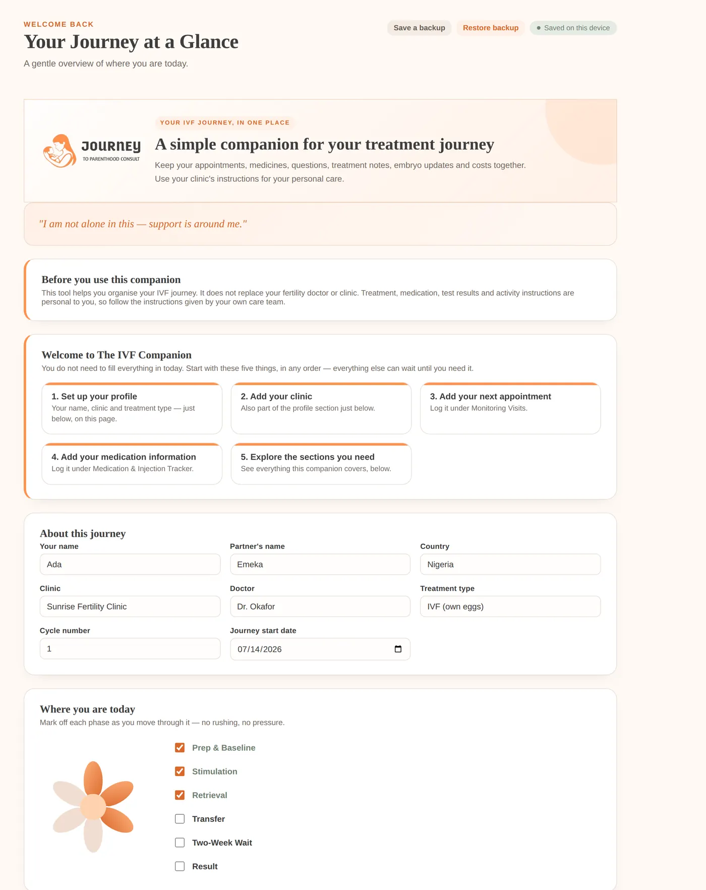 The IVF Companion dashboard, showing a welcome message, journey overview and phase tracker