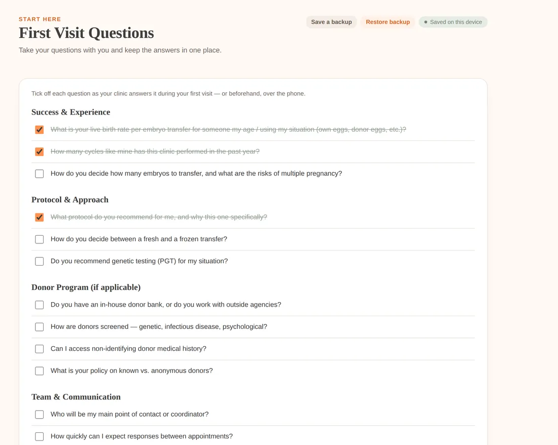 First Visit Questions checklist, grouped by category