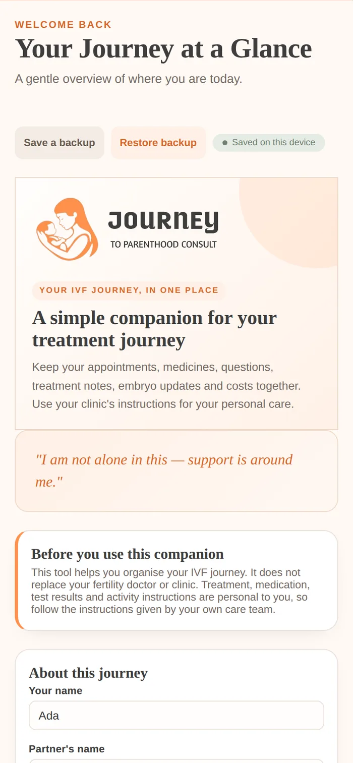 The IVF Companion dashboard screen, showing a welcome message and journey overview
